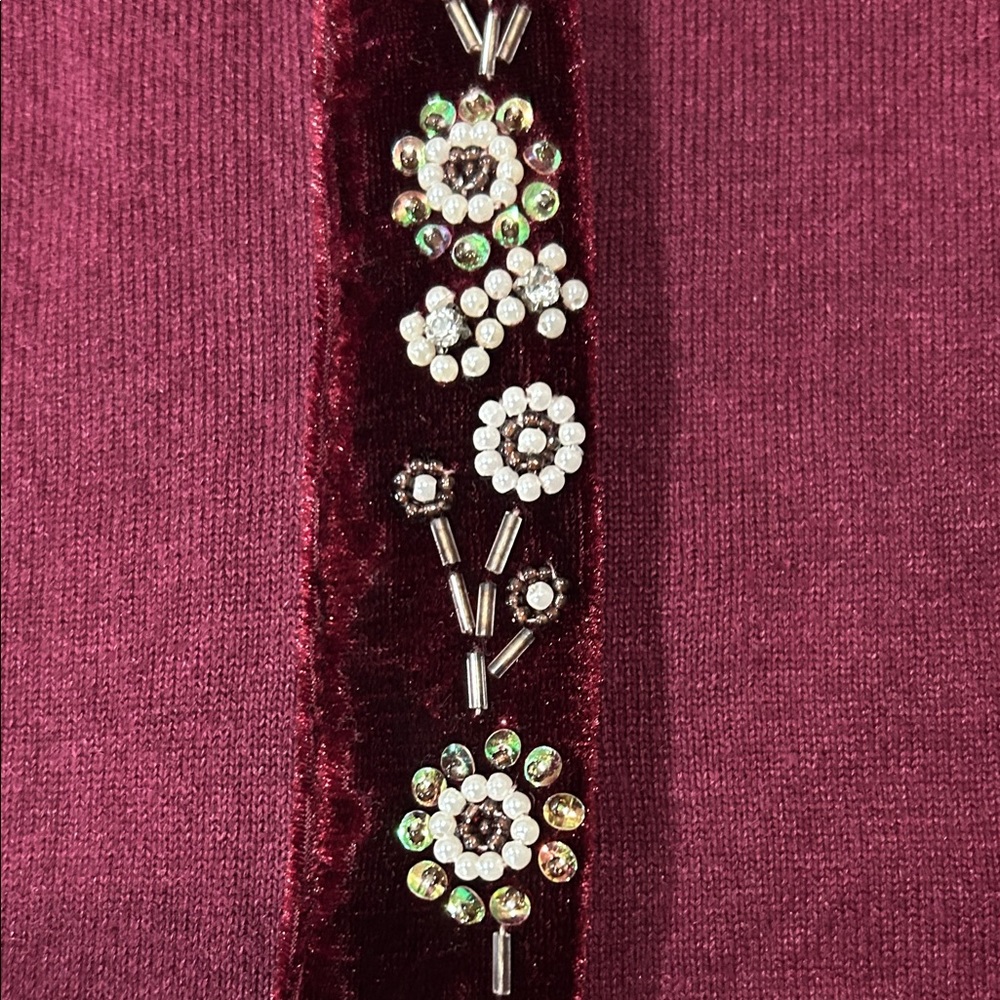 Vintage Burgundy Floral Beaded Velvet Trim Cardigan snap buttons Size S - Picture 4 of 7